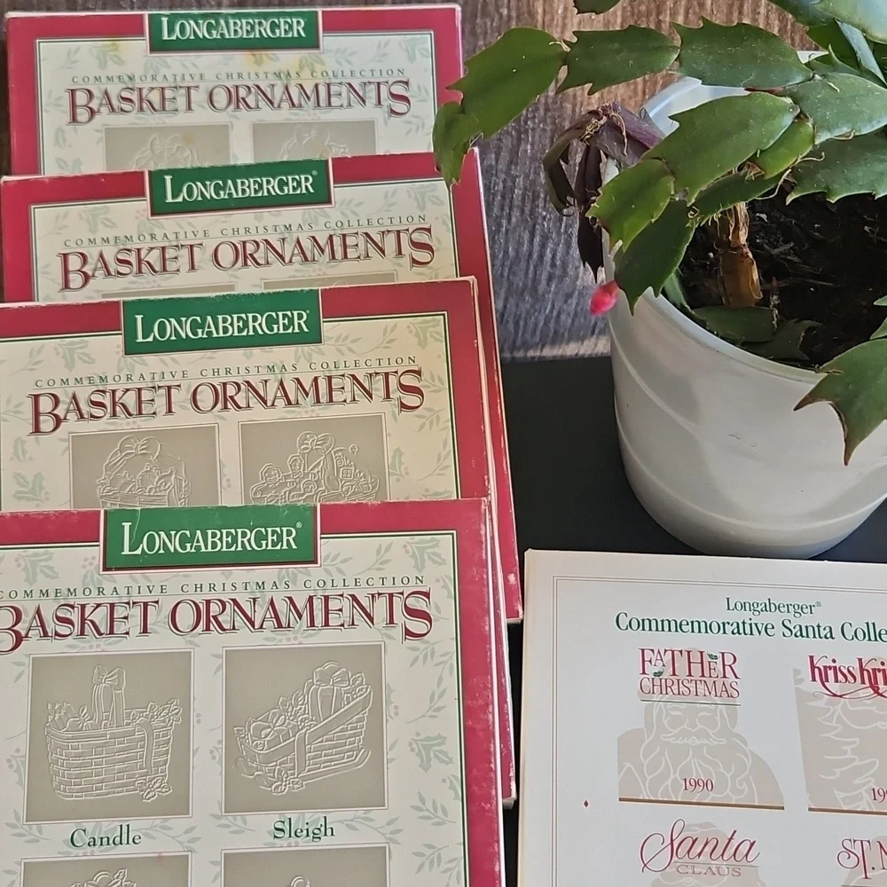 Longaberger Commemorative Pewter Holiday Basket Ornaments Set 1996 In Box